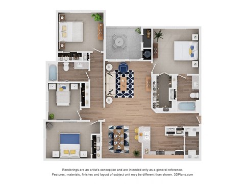 Floor plan for 4 beds, 2 baths, 1381 sqft